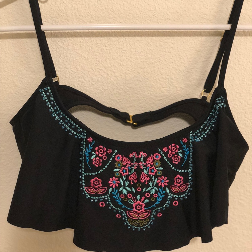 🎉Black Beaded Flowy Spaghetti Strap BikiniTop, XL